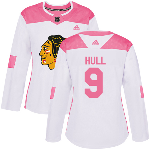 Adidas Blackhawks #9 Bobby Hull White/Pink Authentic Fashion Women's Stitched NHL Jersey